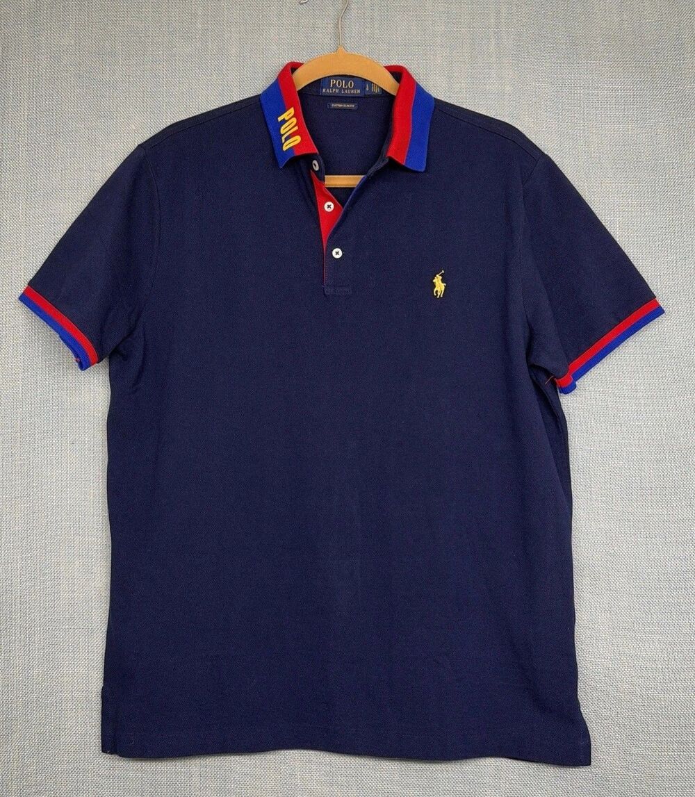 Men L Custom Slim Fit Polo Ralph Lauren Neck Spells Out POLO Navy Shirt Rare EUC